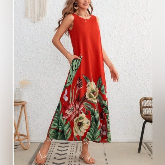 Red Tropical Print Tunic Dress - Picture 4 of 6